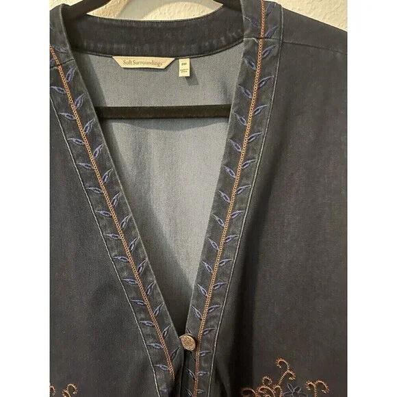 Soft Surroundings Stretch Denim Embroidery Tunic Jacket Sz PM Boho Button Front - Picture 2 of 11